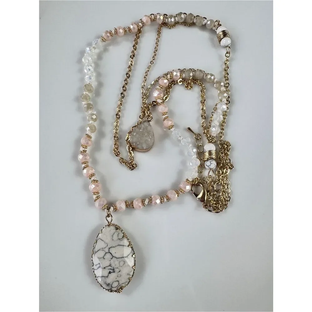 Gold-Tone Layered Necklace with Pink Beads and White Marbled Teardrop Pendant